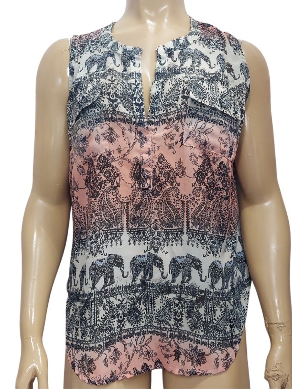 Live 4 Truth Boho Style Sleeveless Elephant Print VNeckline Pocketed Blouse Top
